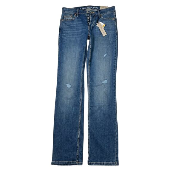 Calvin Klein Straight Button Fly Distressed Denim Jeans NWT Cyndi Blue W29 L32 - Picture 2 of 10